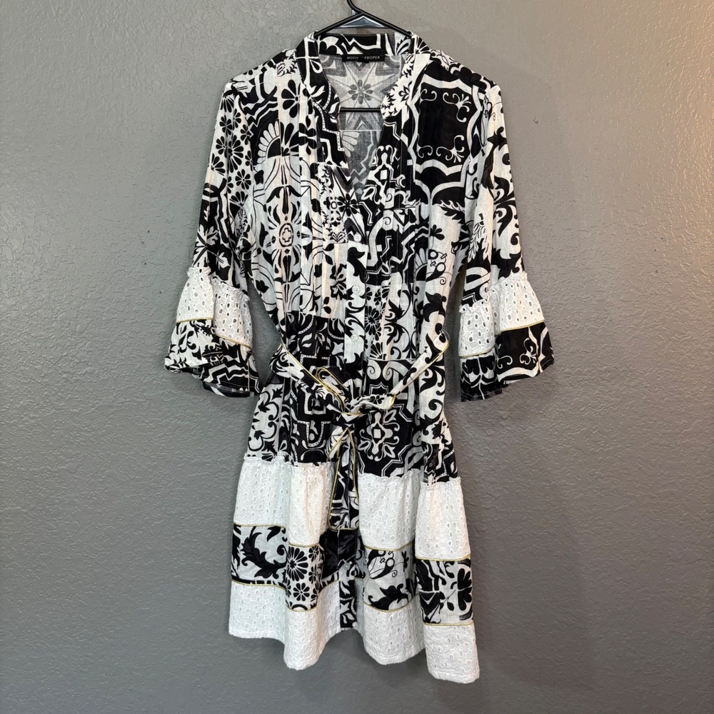 Boston Proper Black White Tile Print Eyelet Trim Linen Blend Shirt Dress Size 6